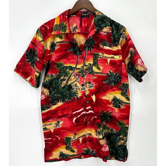 YMLA Shirt Mens Button Down Short Sleeve Hawaiian Caribbean Palms Red Green S - Picture 1 of 11